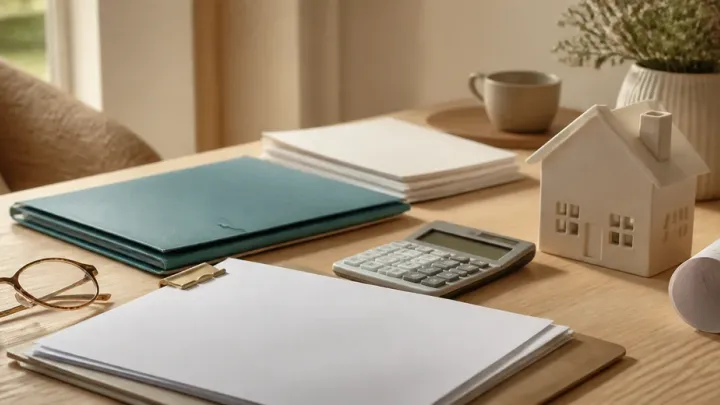 Dossier, calculatrice et maquette de maison pour préparer une demande d’aide