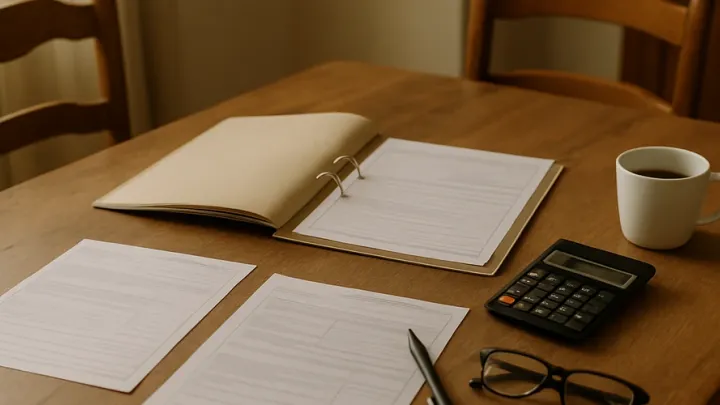 Dossier administratif, calculatrice et crayon pour préparer un recours
