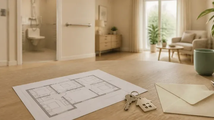 Plan d’un appartement, clés et enveloppe devant un logement accessible
